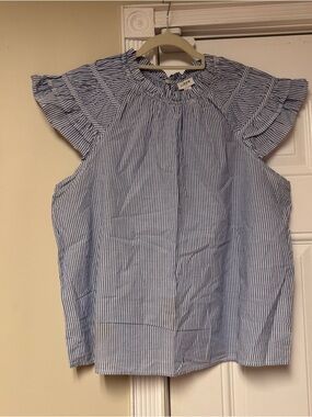 J. Crew Blue and White Striped Ruffle Sleeve Camisole